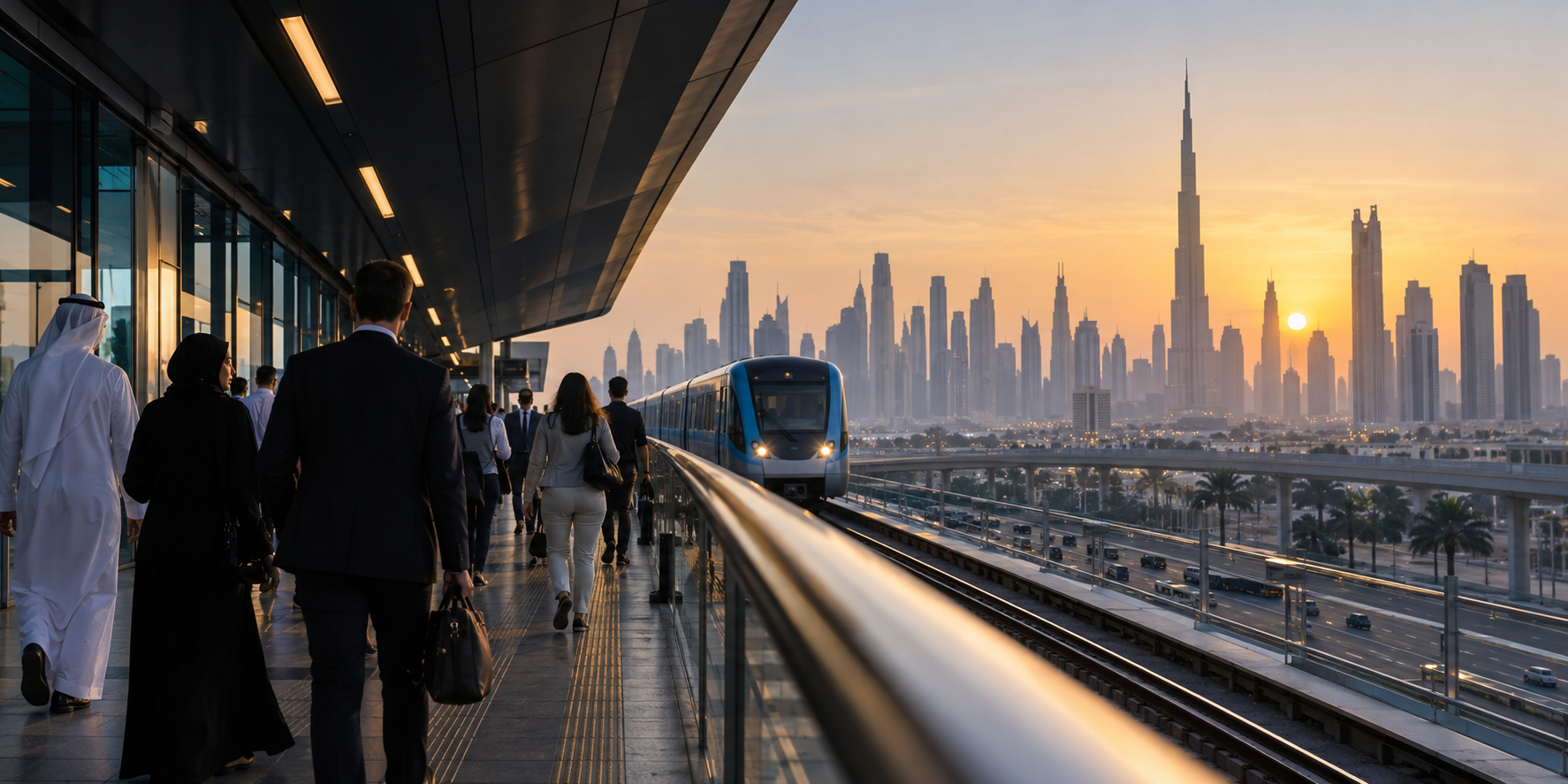 Dubai commuters and skyline at sunrise